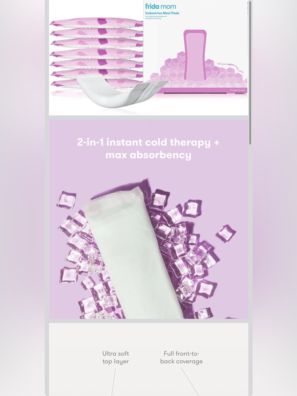Frida Mom Instant Ice Maxi Pads — Purple Cooling Postpartum Pads (11 pads)
